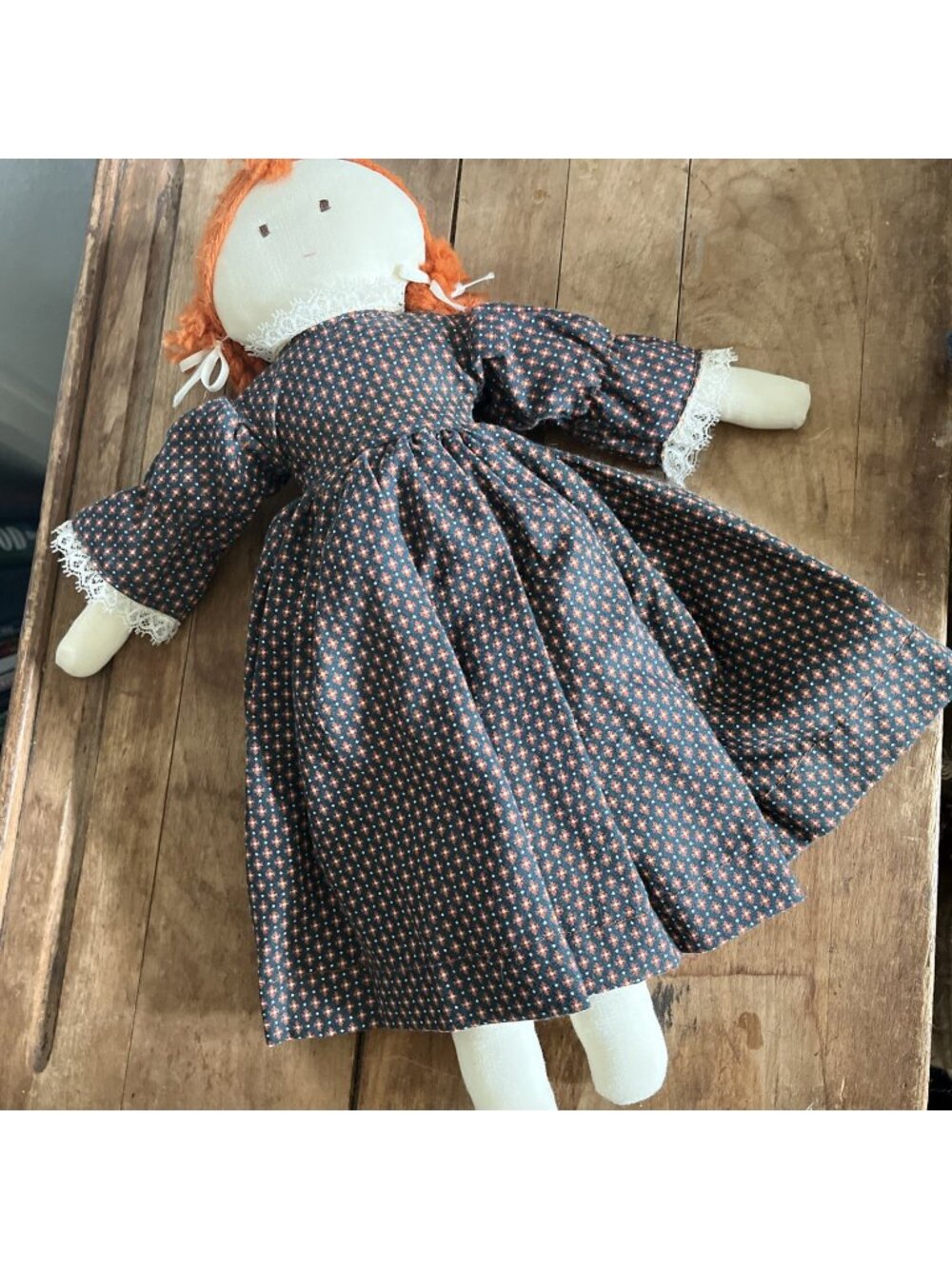 Handmade 15" folk art red head country rag doll fabric blue dress yarn hair